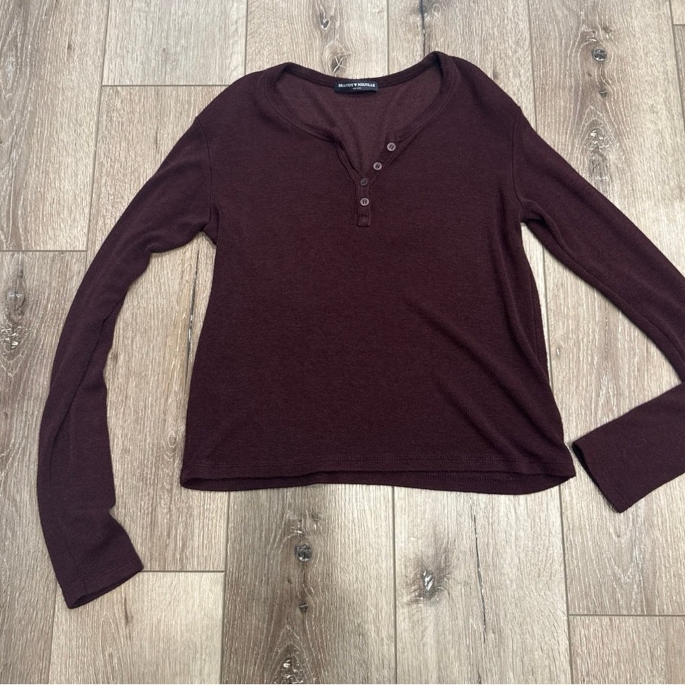 Brandy Melville Burgundy Ribbed Henley Long Sleeve